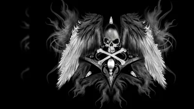 A small skull sits at the centre of two spread wings above crossed bones and a dagger, rendered in silver grey against black.