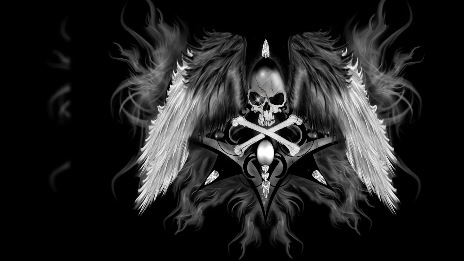 A small skull sits at the centre of two spread wings above crossed bones and a dagger, rendered in silver grey against black.