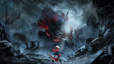 A red-caped figure stands alone at the bottom of a rubble field, a huge horned shape with red eyes filling the storm-grey sky above.