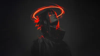 He tilts his head back under a glowing red ring, the light catching the collar of a high black cloak against a smoky grey wall.
