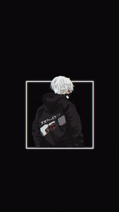 A white-haired boy in a black hoodie turns away inside a thin white frame, the border floating on pure black with room for icons above and below.