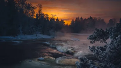 Mist rises off a half-frozen river while orange light burns behind a dark treeline, frost on the branches in front.