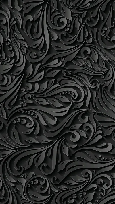 Raised floral scrolls repeat all the way down a tall grey-black panel, each curl edged with a highlight where it lifts off the surface.