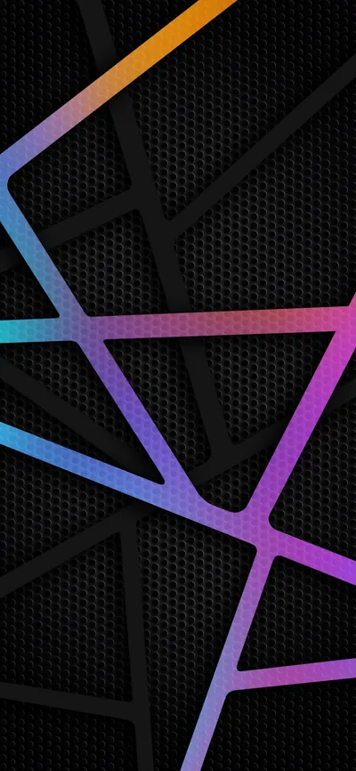 Straight gradient bars in orange, pink, and blue criss-cross a black honeycomb mesh, the gaps between them deep black for AMOLED screens.