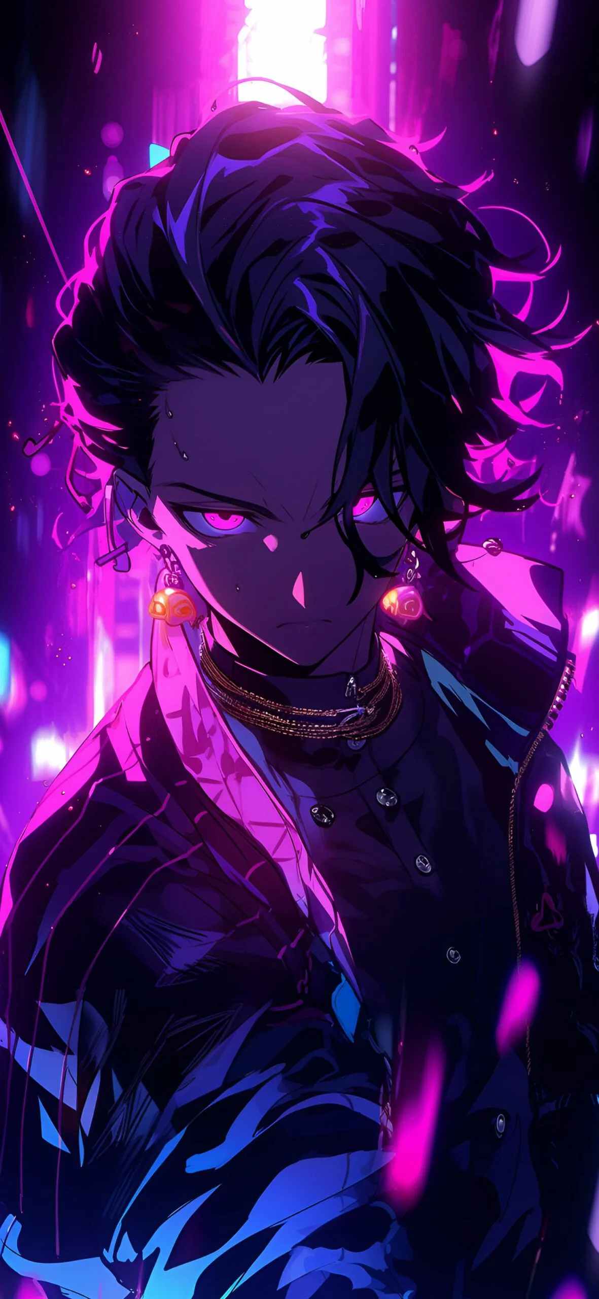 A dark-haired boy in a high-collared jacket turns his head as magenta and violet light burns behind him, blue flame licking the bottom edge.