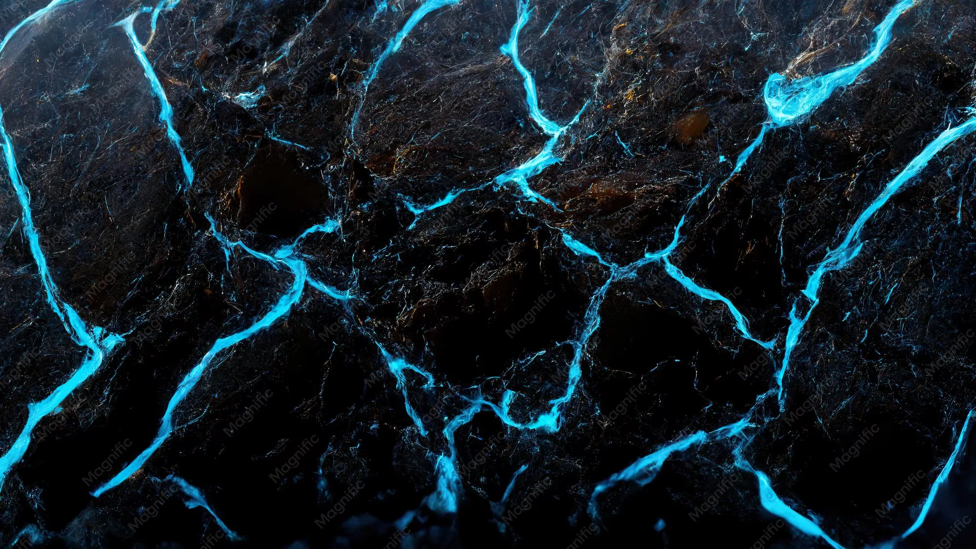 Turquoise light leaks through branching cracks in a rough black rock face, brightest near the centre, with the stone between fissures staying matte and dark.