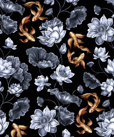 Orange koi weave between silver-grey lotus blooms and lily pads on a black ground, the fish the only warm colour in the pattern.