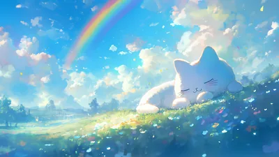 A huge white cat naps on a flowered hillside right of centre while a rainbow arcs through the clouds, leaving the blue sky open for desktop menus.