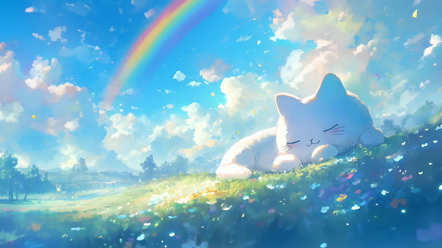 A huge white cat naps on a flowered hillside right of centre while a rainbow arcs through the clouds, leaving the blue sky open for desktop menus.