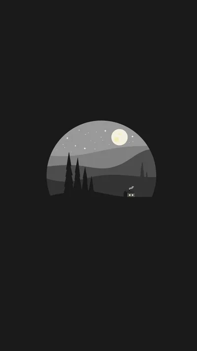 A grey circle holds a small night scene of cypress trees, rolling hills and a full moon, cut into a dark charcoal vertical frame.