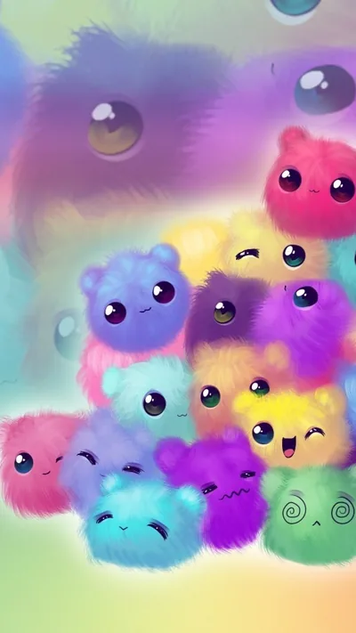 A heap of rainbow pom pom creatures with beady eyes stacks up from the bottom, leaving the blurred bubble-filled upper third open for a clock.