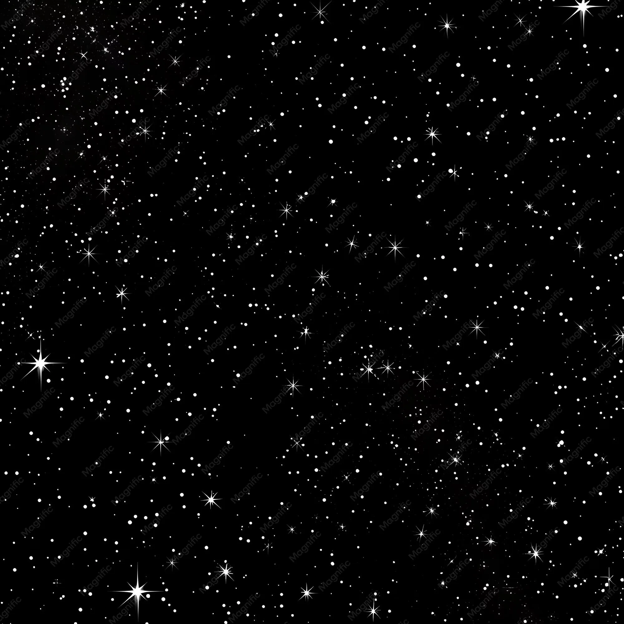 A square field of pure black scattered with white stars of mixed size, a handful drawn as four-point sparkles toward the lower left.
