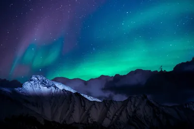 Green aurora curtains ripple above a jagged black ridgeline, one snow-covered peak catching the glow on the left while stars show through the purple haze.