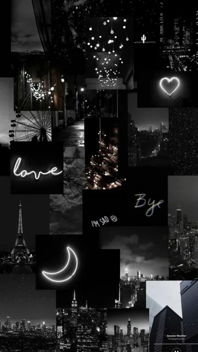 City skylines, the Eiffel Tower and neon script reading love surround a glowing crescent set low in the frame.
