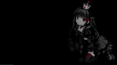 A dark-haired anime character in a black dress kneels at the right, a small red crown and ribbon breaking the monochrome.