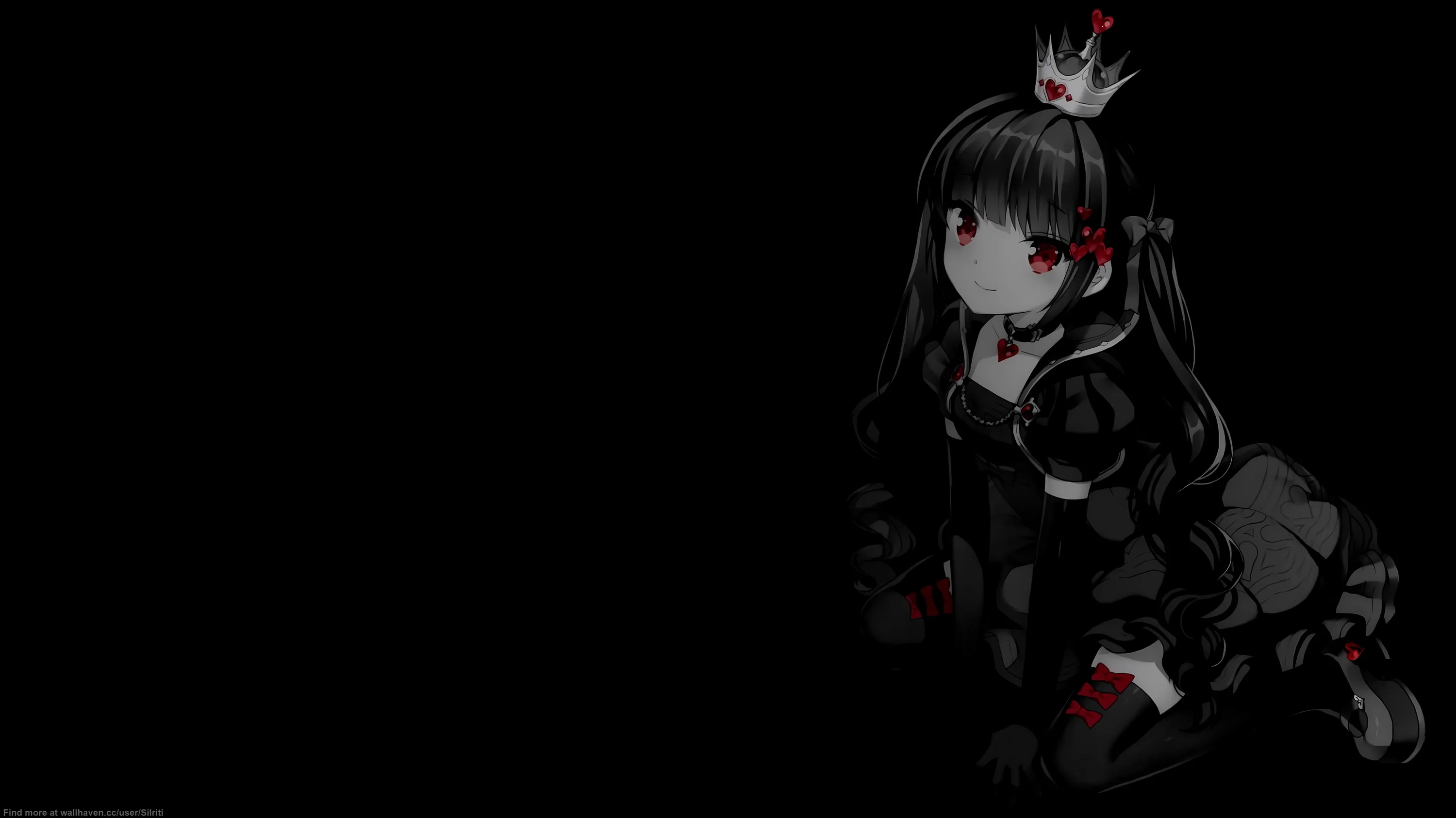 A dark-haired anime character in a black dress kneels at the right, a small red crown and ribbon breaking the monochrome.