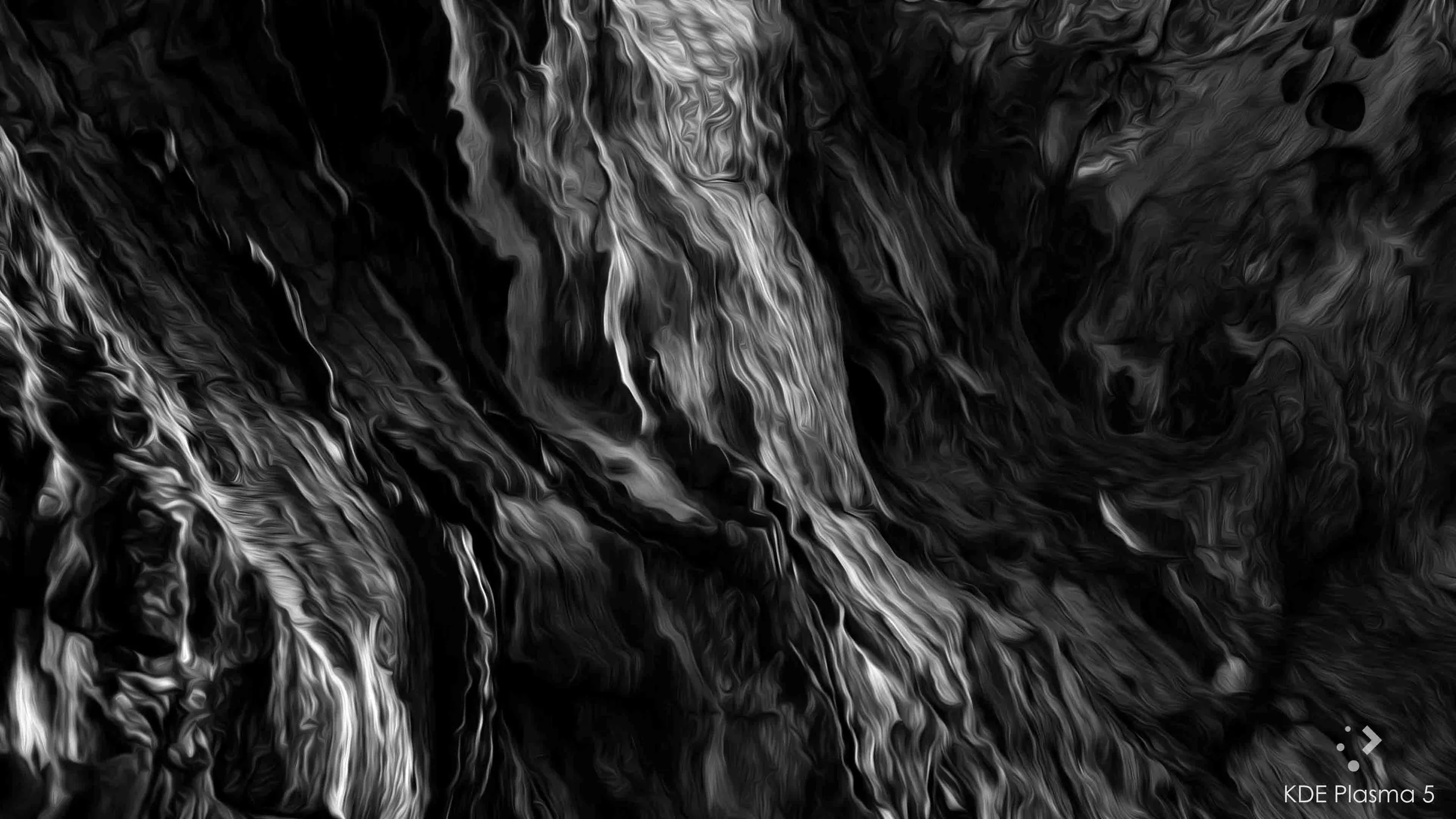 Streaks of white pull down through dark rippled forms, reading as smoke in one corner and as wet marble in the next.
