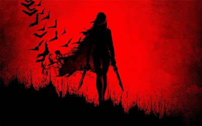A cloaked figure with a blade walks a black grass ridge under a blood-red grain-textured sky, crows scattering off toward the top left.