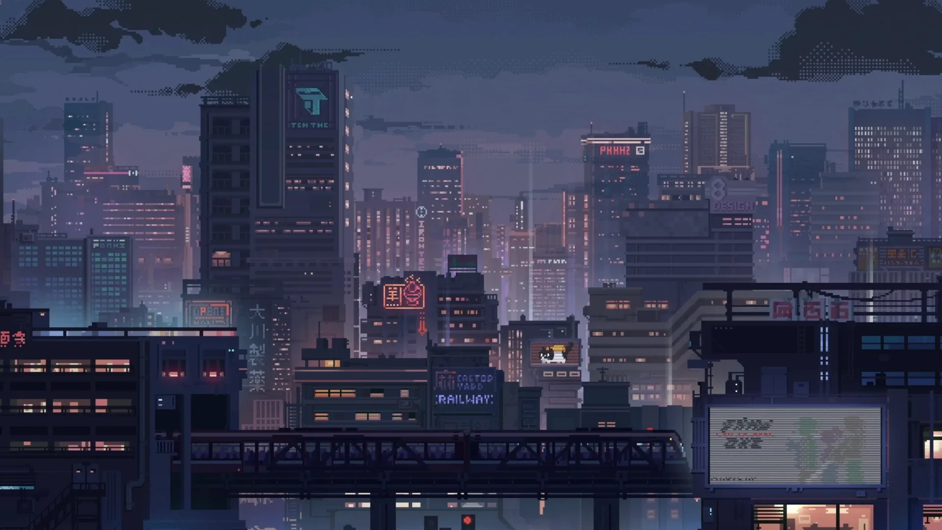 Muted blue rooftops and antenna clutter stretch to the horizon in pixel art, a rail bridge crossing the bottom edge where a train would pass.