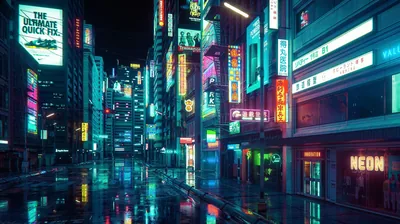 Dozens of lit signboards crowd both sides of a drizzly street, but the reflective roadway at centre stays clear, giving desktop icons a calm middle strip.