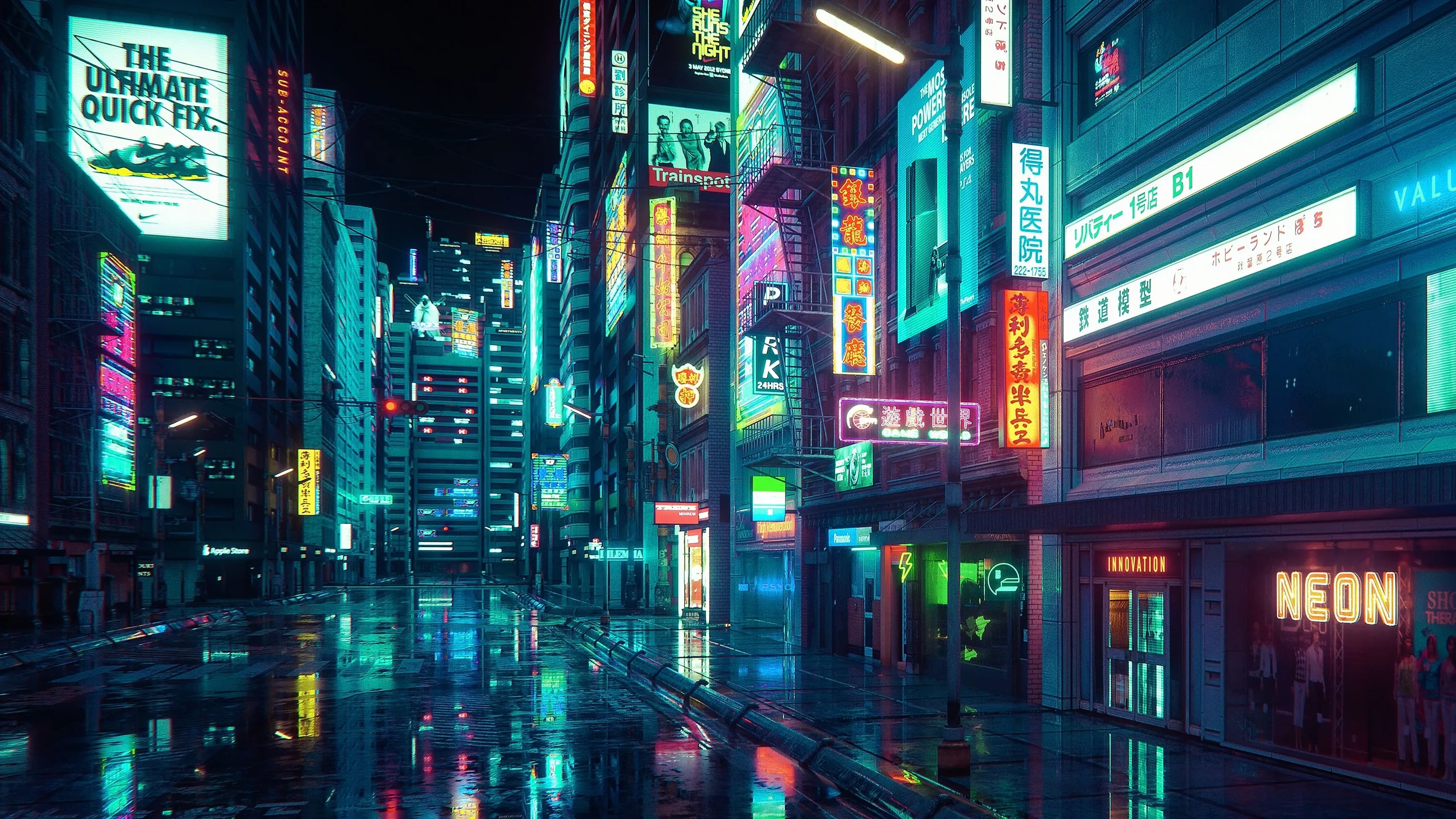 Dozens of lit signboards crowd both sides of a drizzly street, but the reflective roadway at centre stays clear, giving desktop icons a calm middle strip.