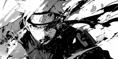 Naruto drives forward with a kunai while black ink splashes tear across the white, the monochrome brushwork breaking his jacket into rough shapes.