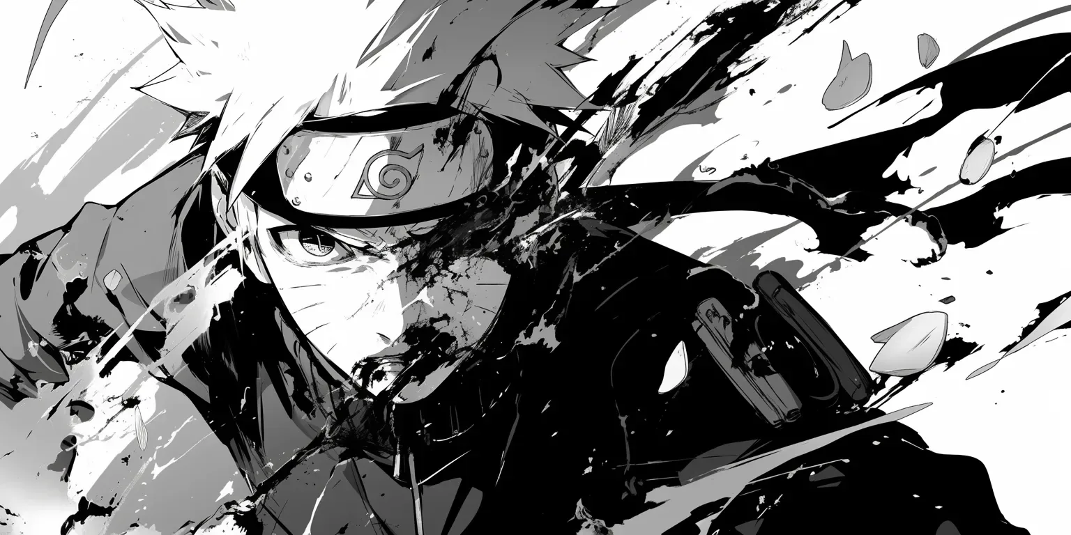 Naruto drives forward with a kunai while black ink splashes tear across the white, the monochrome brushwork breaking his jacket into rough shapes.