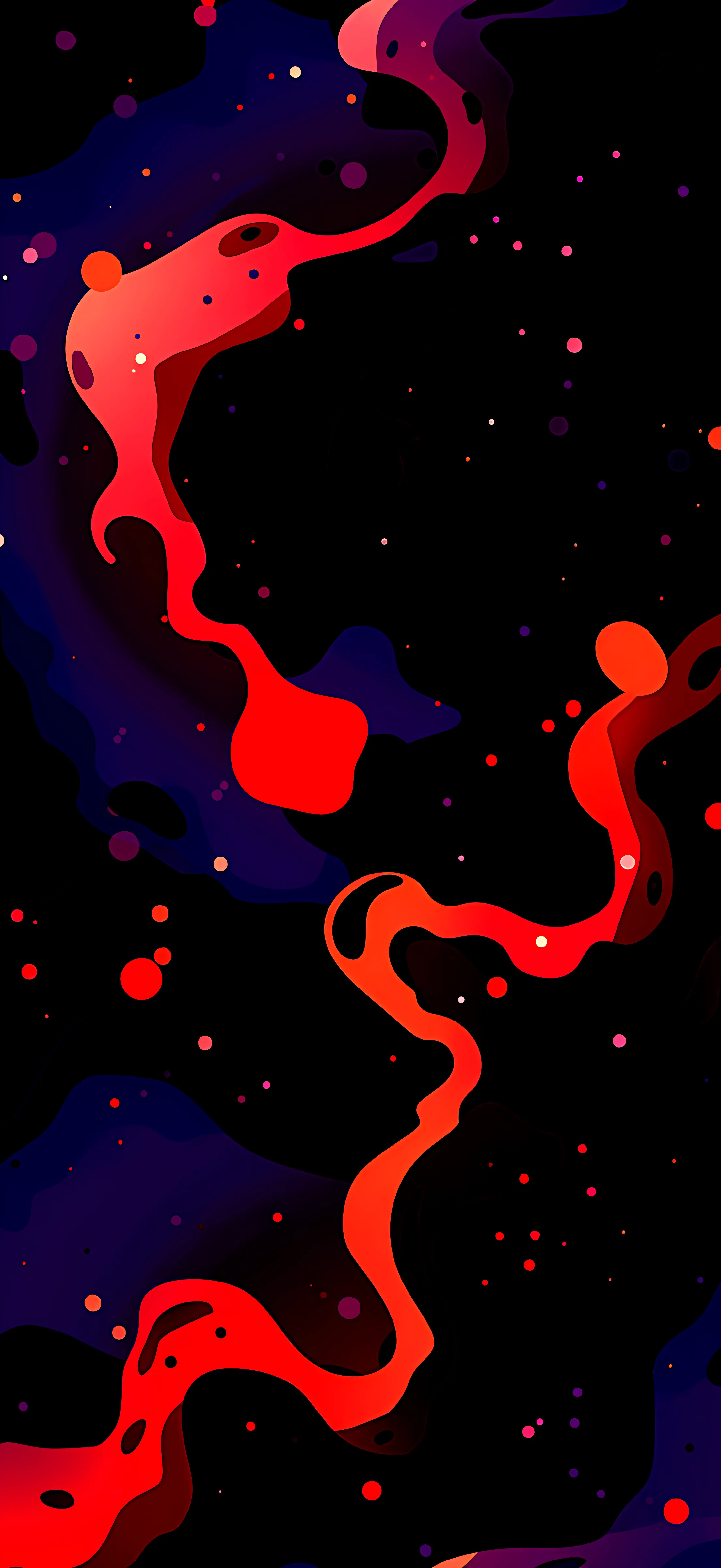 Thick red and purple liquid coils through the frame like a lava lamp caught mid-flow, small dots scattered across the black between them.