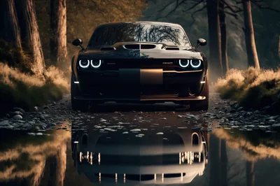 A Challenger stops at the edge of standing water on a woodland track, its ring headlights and grille copied perfectly in the reflection below.