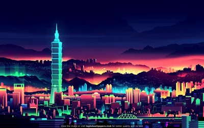 A vector skyline glows in mint, orange and pink under dusk mountains, one landmark tower standing tall left of centre so it survives a phone crop.
