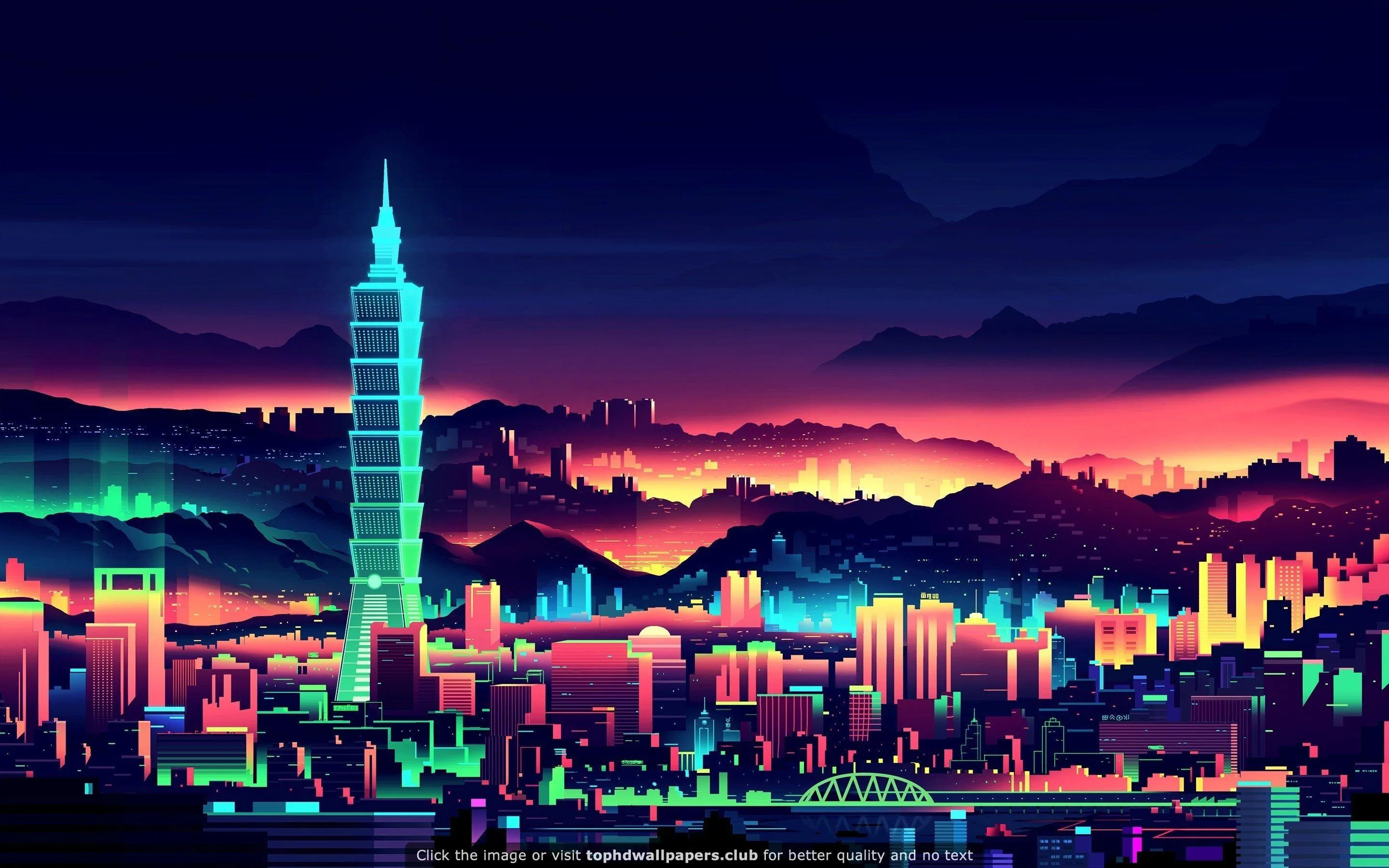A vector skyline glows in mint, orange and pink under dusk mountains, one landmark tower standing tall left of centre so it survives a phone crop.