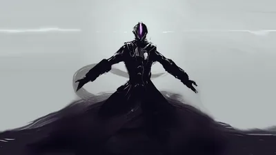 A visored knight spreads his arms as his cloak breaks apart into black smoke, painted against a bare grey sky.