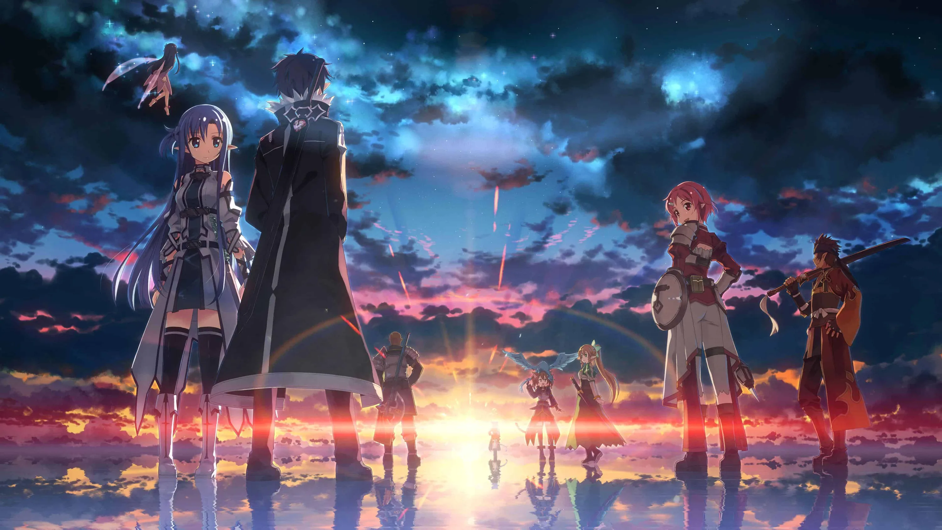A party of sword-carrying figures stands on a mirror-flat plain, dark against a burst of light where the sunset sky meets the ground.