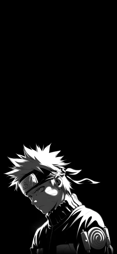 Naruto sits low in the bottom third of a tall phone crop in stark black and white, the whole upper half left as open black.