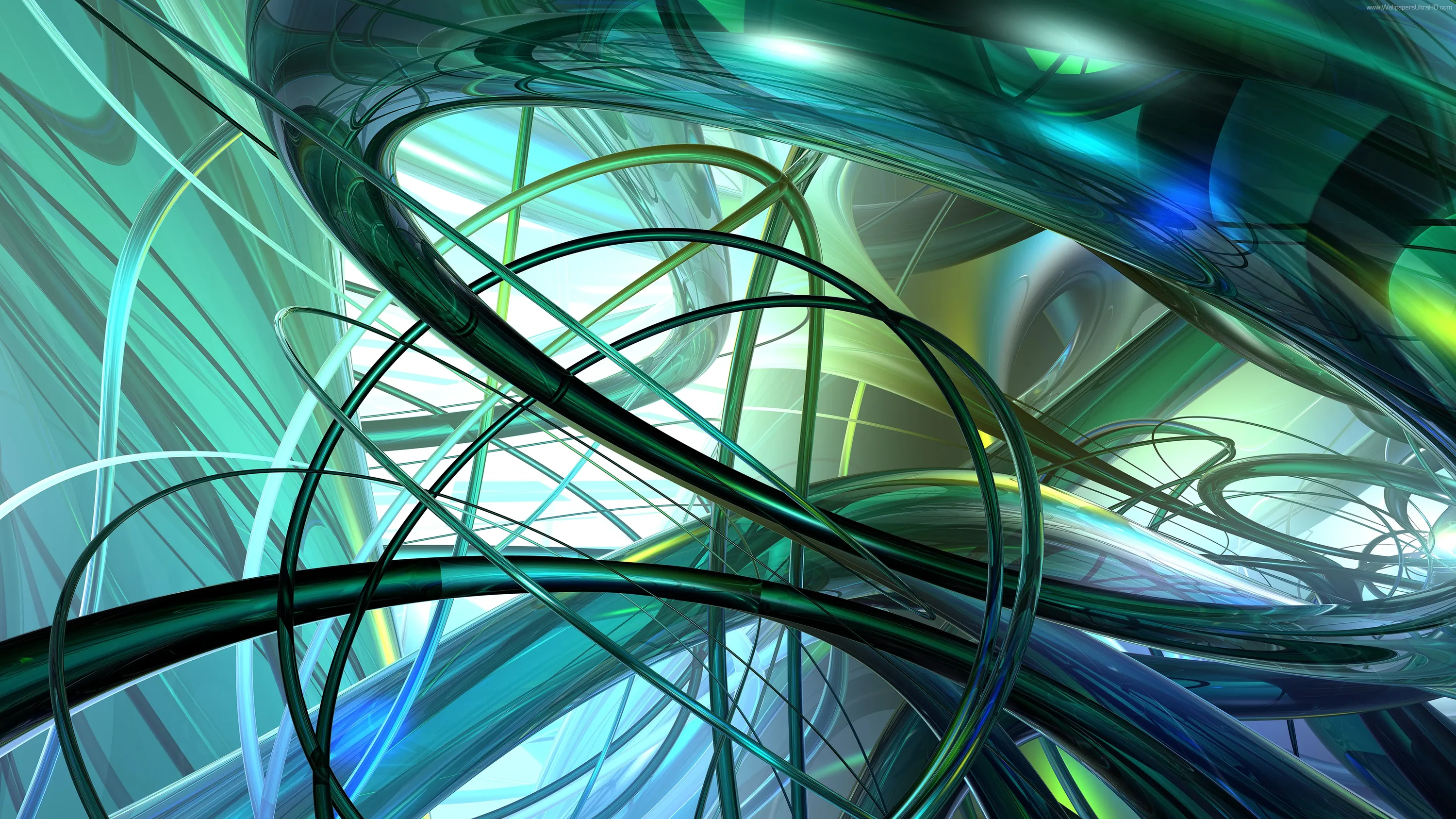 Loops of green and blue glass tubing curve through a bright CGI atrium, light refracting along every ring against pale panelled reflections.