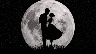 A dancing pair in silhouette turn in front of a huge cratered moon, grass tips cutting a dark line across the bottom of the frame.