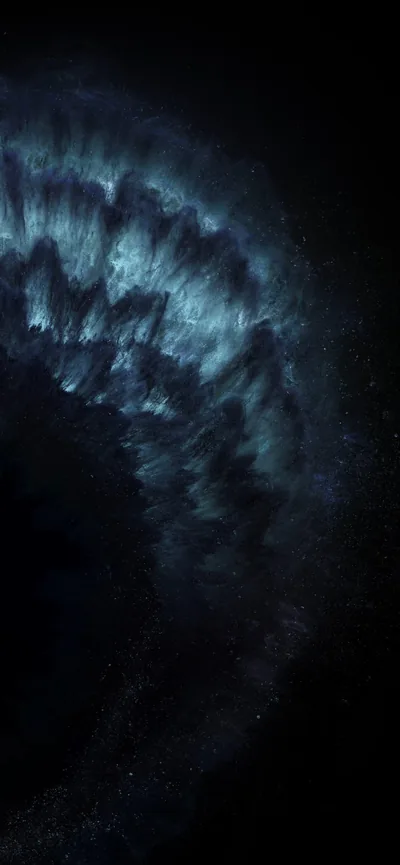 A crescent of blue cloud arcs from the top edge down the left side, dissolving into star-like grain over a black field.