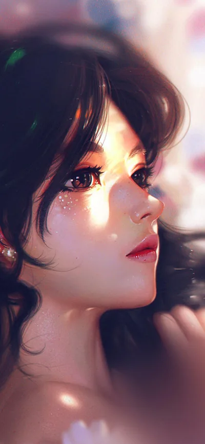 A painted close-up of a freckled face, one warm stripe of sunlight falling across the eyes, the pastel blur above leaving the clock readable.