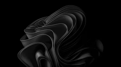 Curled sheets of black material coil into a sculpted knot at the centre of the frame, edges catching a grey light with wide empty margins on both sides.