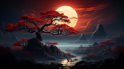 A red-leaved tree on a rocky outcrop stands against a huge pale moon, the river below carrying its glow toward the lower right while both upper corners stay dark.