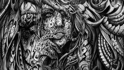A face emerges from dense pen-drawn machinery and scales, every surface packed with fine cross-hatching in black and white.