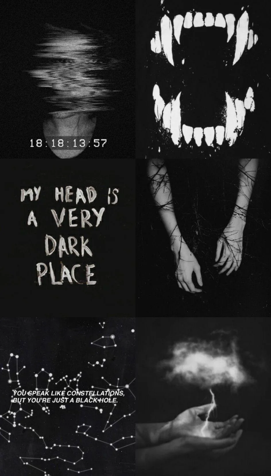 Monochrome panels — bared teeth, a hand, a lightning strike — tiled around a short block of bold type.