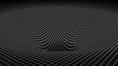 A white wireframe grid stretches to the horizon and sags into a smooth funnel at the centre, drawn on pure black.