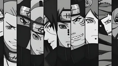 Eight cloaked members split into vertical strips across the frame, each face cropped tight and printed in flat black and white.