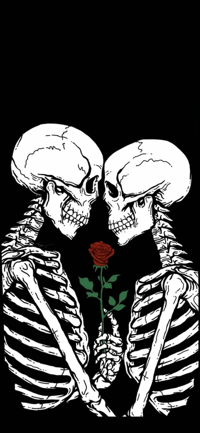 Two skeletons lean forehead to forehead over a red rose, drawn in white line work against a flat black field.