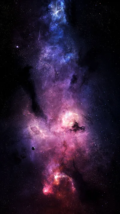 A tall column of purple and crimson gas runs up the centre of a vertical black sky, leaving both sides empty enough for phone icons.