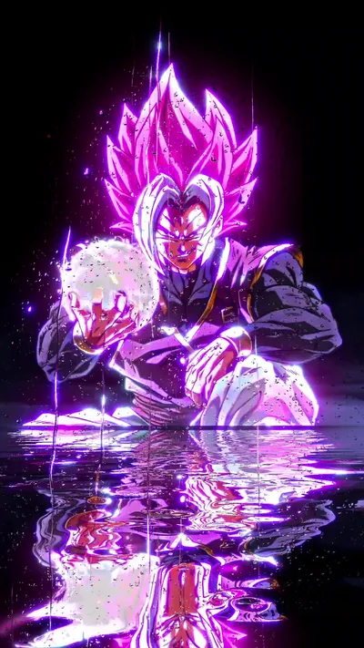 Kneeling on still water, he cradles a white orb whose neon magenta rim light doubles in the mirror reflection filling the bottom half of the frame.