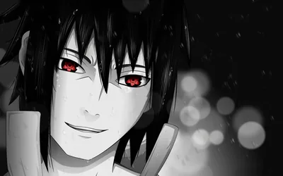A close-up of Sasuke half-smiling in greyscale, the Sharingan in both eyes the only red, with soft bokeh drifting across the right side.