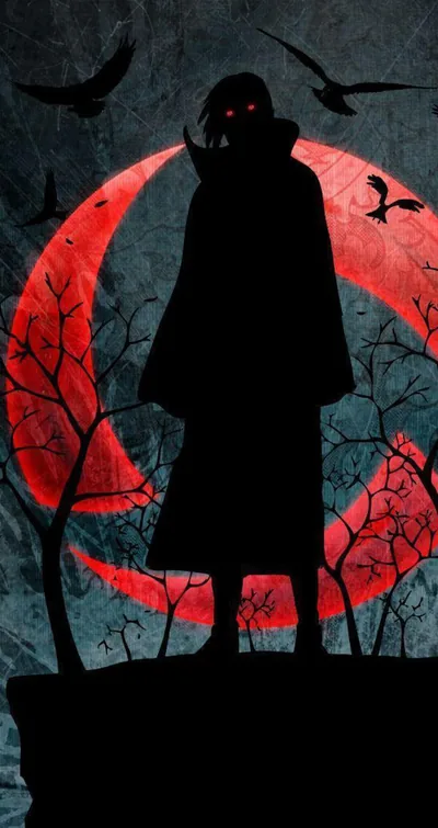 A hooded silhouette stands on a cliff with red eyes, crows scattering across a blood-red moon and bare branches behind.