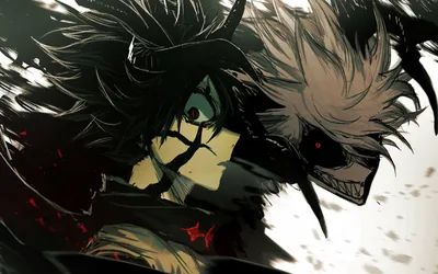 An inky sketch pairs Asta's marked profile on the left with a grinning white-haired devil on the right, rough black strokes slashing through the olive backdrop.